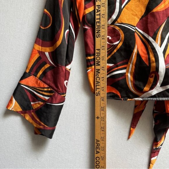 Zara Disco Multicolor Abstract Print Bell Sleeve knot Blouse Sz XS - Picture 3 of 9